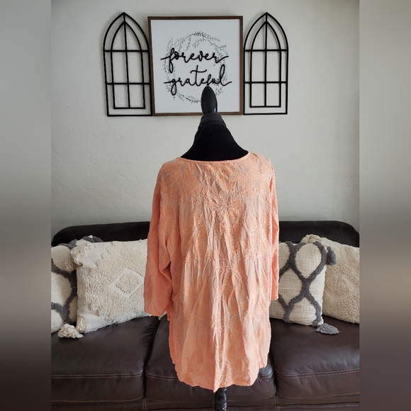 Soft Surroundings Pastel Peach Embroidered Boho Chic Asymmetrical Blouse Size 2X - Picture 2 of 12